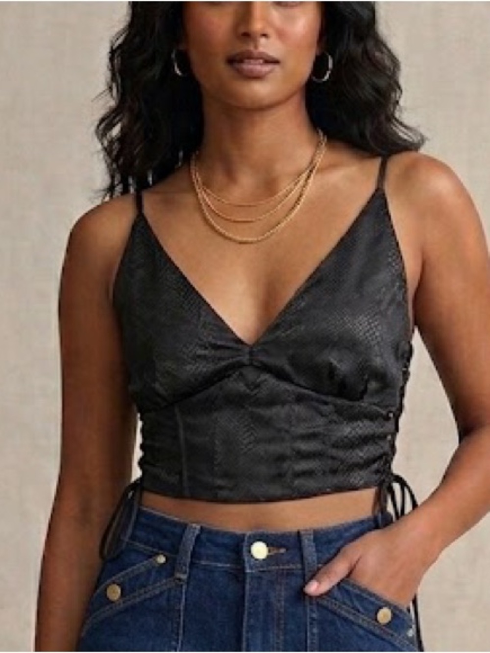 FashionNova Snakeskin Embossed Corset Crop Top Lace Up Side Satin V-Neck Cami